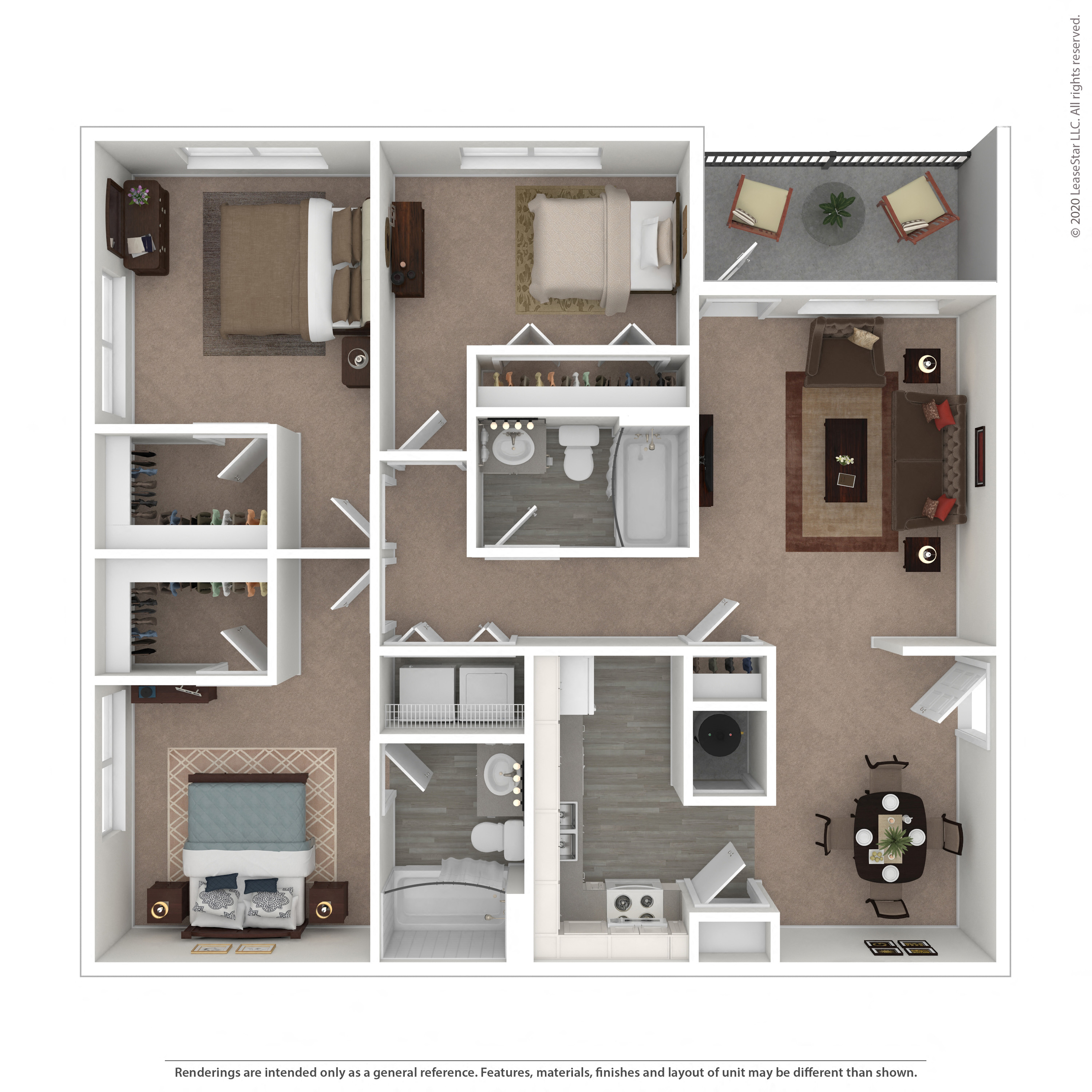 Floor plan for 3 beds, 2 baths, 1274 sqft